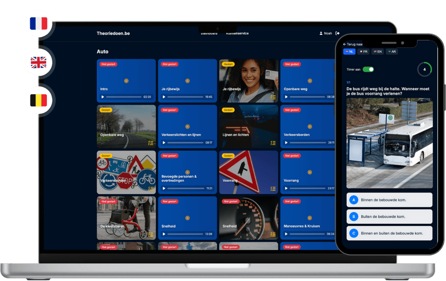 Theoriedoen.be platform interface – laptop and smartphone with theory exam practice